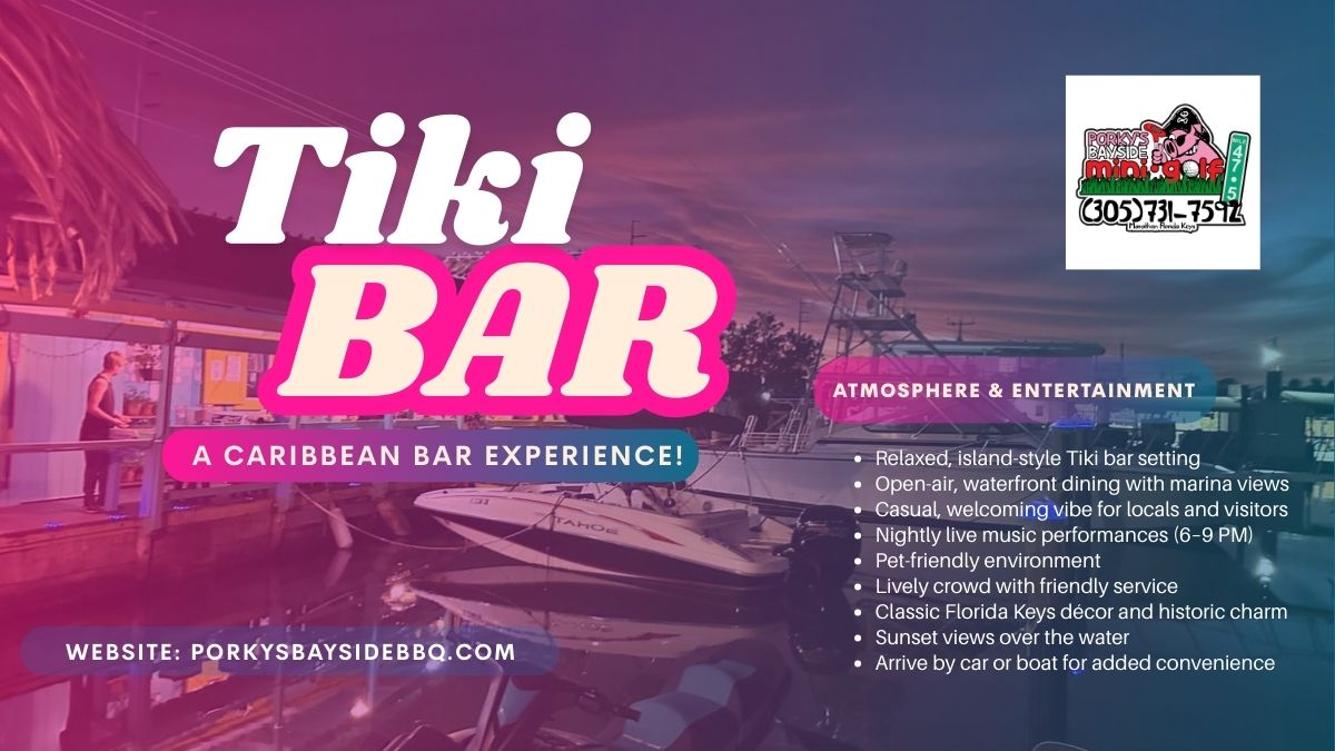 Sunset view at Porky's Bayside Restaurant and Marina, a tiki bar featuring outdoor seating and fresh seafood in Marathon, Florida Keys.